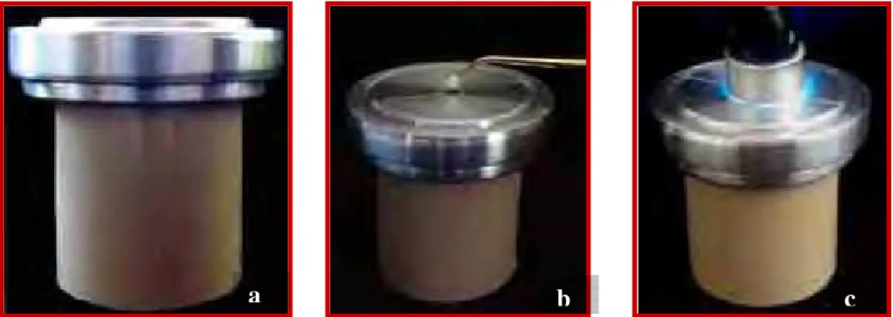 FIGURA 7 - a) Matriz acoplada no tubo PVC; b) Inserção da resina composta;   c) Polimerização da resina composta
