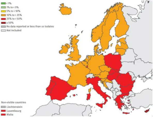 Ilustração  2  -  Escherichia  coli.  Percentagem  de  isolados  com  resistência  às  cefalosporinas de 3ª geração, por país europeu, em 2013, adaptado de EARS-Net (1)