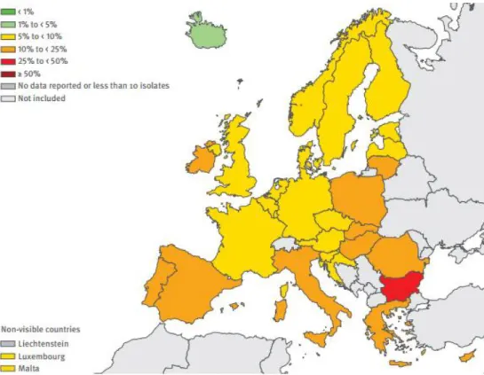 Ilustração  3  -  Escherichia  coli.  Percentagem  de  isolados  com  resistência  aos  aminoglicosídeos por país europeu, em 2013, adaptado de EARS-Net (1) 