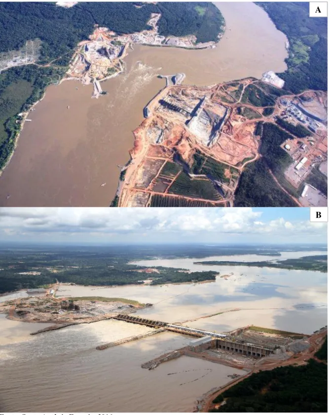 Figura 1 - Vista aérea do rio Madeira e da localização da UHE de Santo Antônio do Madeira,  Porto Velho, Rondônia, Brasil, antes (A) e após (B) a construção da barragem