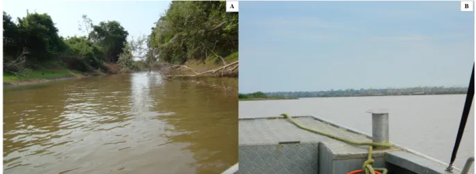Figura  9  -  Vista  parcial  do  ponto  de  amostragem  rio  Caracol  (Crc)  antes  (A)  e  após  (B)  a  construção  da  barragem  da  UHE  de  Santo  Antônio  do  Madeira,  Porto  Velho,  Rondônia,  Brasil