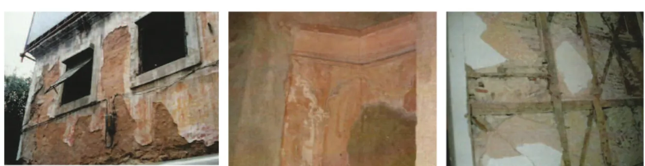 Figura 2-1: Construção em Terra; Mhirab de antiga mesquita em estuque de gesso; Parede  Pombalina com argamassa de cal aérea (Veiga, 2009) 