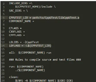 Figure 4.8: Makefile skeleton to compile CppUTest files if the framework was  installed using the apt-get command 
