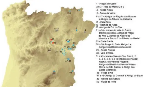 Figura 24. Distribuição da Arte Esquemática no Centro e Sul de Portugal (Martins, 2014)