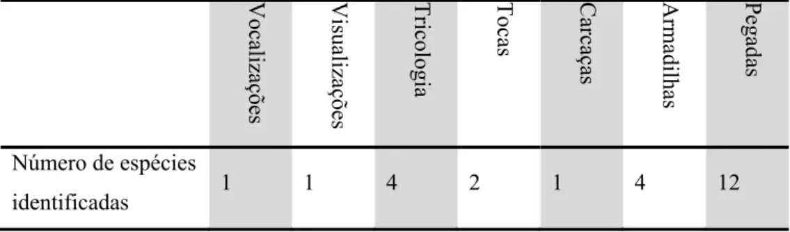 Tabela 2: Número de espécies de mamíferos identificadas para cada metodologia utilizada  no fragmento estudado no Município de Ribeirão Bonito, Estado de São Paulo