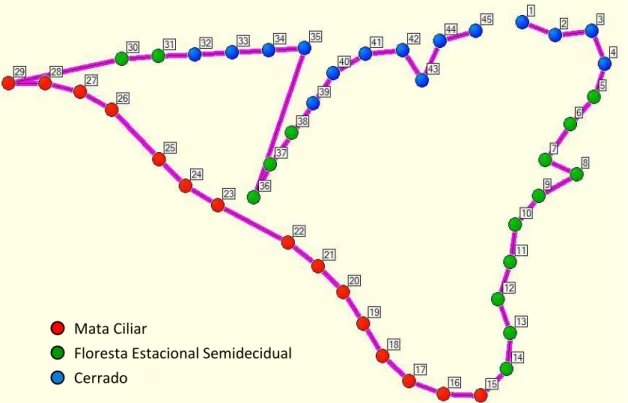 Figura 8. Disposição dos 45 pontos de escuta ao longo das trilhas e transectos nos diferentes  ambientes do Parque Estadual de Porto Ferreira