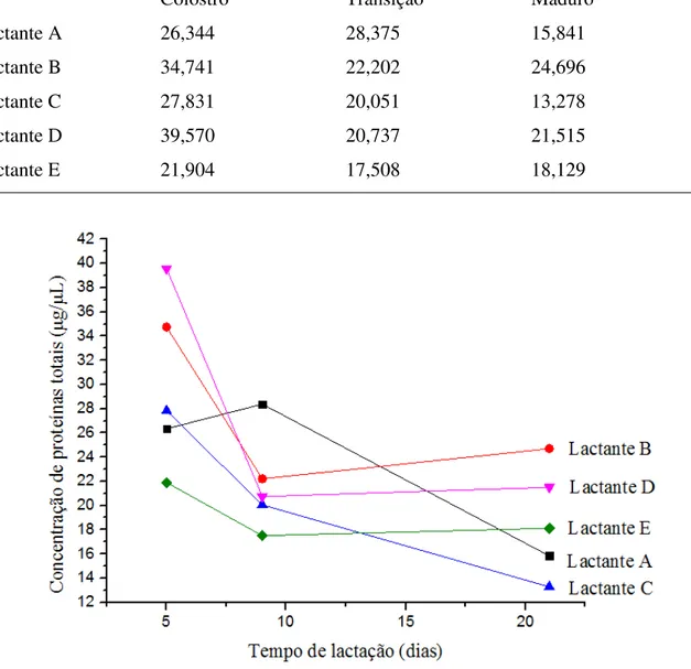 Tabela  7:  Determinação  de  proteína  total  nas  amostras  de  colostro,  leite  de  transição  e  leite  maduro