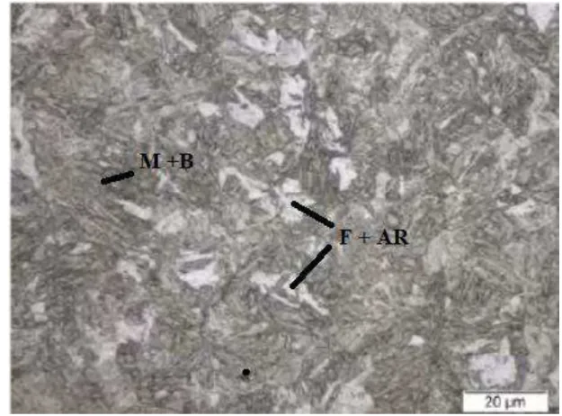 Figura 4  -  micrografia de um aço martensítico 950/1200 (M – Martensita, F – Ferrita, B –  Bainita, AR – Austenita Retida)