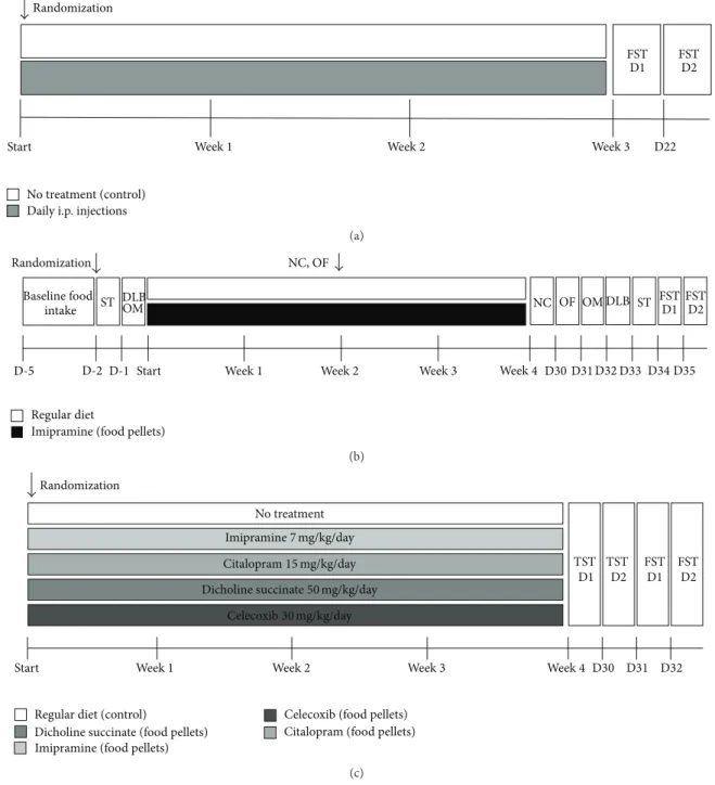 Figure 1: Experimental design. (a) Schematic timeline of studies with vehicle injections, chronic delivery with food pellets of (b) imipramine and (c) new drug candidates to antidepressants experiments