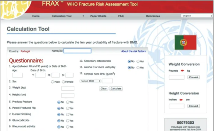 fIgure 1. Screen page for input of data and risk estimation in the Portuguese version of the FRAX ® tool (Portuguese model, version 3.9