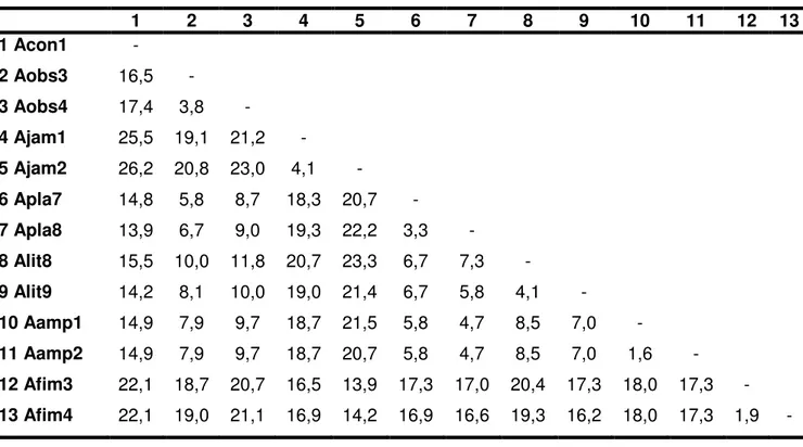 Tabela 4: Distâncias genéticas (em %), estimada pelo método Kimura-2 parâmetros,  para a variação do gene do citocromo b em espécies de Artibeus brasileiras