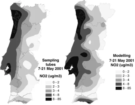 Fig. 5. Weekly averaged concentration maps of O 3 resulting from sampling tubes campaign (Ferreira et al., 2001) and numerical modelling simulations during the period of 7 – 21 May 2001.