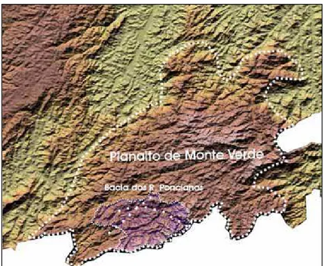 Figura 07 - Planalto de Monte Verde em imagem de satélite sombreada, fonte EMBRAPA, (2005).