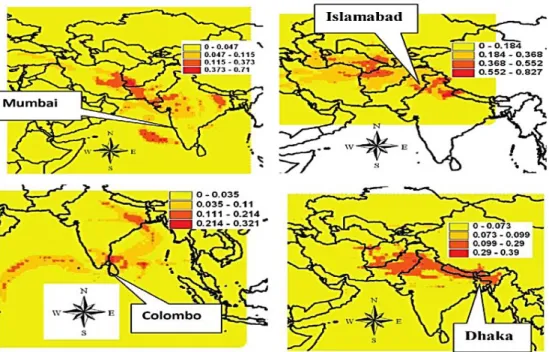 Figure 7 Fine PM probable source locations across the Indian Subcontinent. The red color represents higher  probability locations
