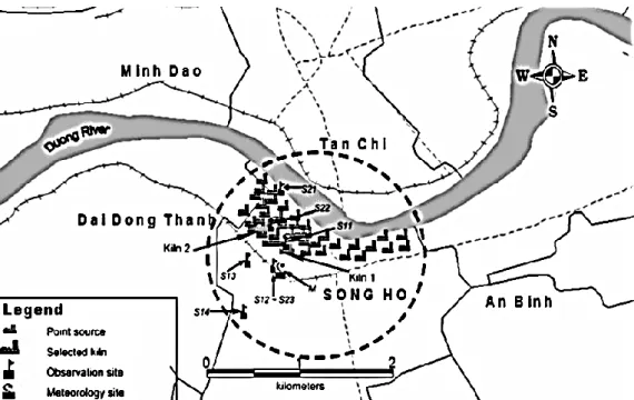 Figure 9 The ISCST3 model domain with the Song Ho brick-making village (Le &amp; Oanh, 2010) 