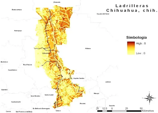 Figure 11 Suitability map for the establishment of the brick industry in Chihuahua, México   (Corral &amp; Covarrubias, 2012) 
