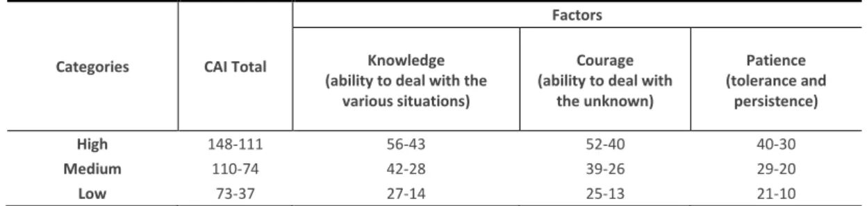 Table 1 - Classification of the Results of the Caregiver Skills Inventory (CAI) in categories for the total and for the factors 