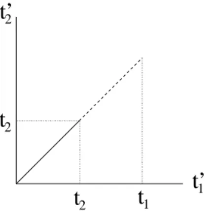 Figura 2.1: Linha de integração de (2.18) para para t 2 &lt; t 1 . O integrando só é diferente de zero sobre a linha t 2′ = t 1′ &lt; t 2