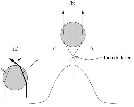 Figura 3.1: Esquematização do princípio de funcionamento de uma pinça óptica. O perfil de intensidade do laser é dado por uma gaussiana