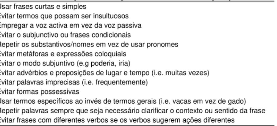 Tabela 8. Guidelines para a tradução de instrumentos de pesquisa  Usar frases curtas e simples 
