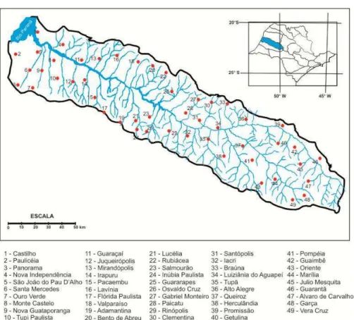 Figura 1 - Localização da bacia hidrográfica do rio Aguapeí no Estado de São Paulo e as cidades  compreendidas na área de estudo.