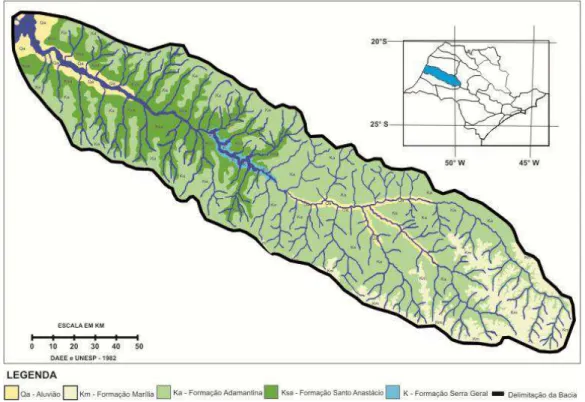 Figura 2 - Mapa de unidades litoestratigráficas da bacia hidrográfica do rio Aguapeí.  A Formação Santo Anastácio recobre os 