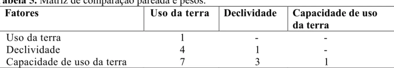 Tabela 5. Matriz de comparação pareada e pesos. 