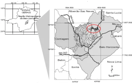 Figura 1- Localização da Bacia da Pampulha em Minas Gerais, destacando o  reservatório da Pampulha em vermelho