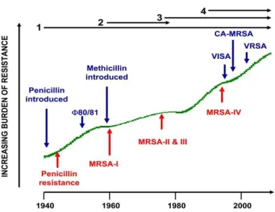 Figure  1  -  Timeline  of  the  four  resistance  waves  in  S.  aureus  (18). Wave 1 began after the introduction of penicillin into clinical  practice  and  continues  till  today