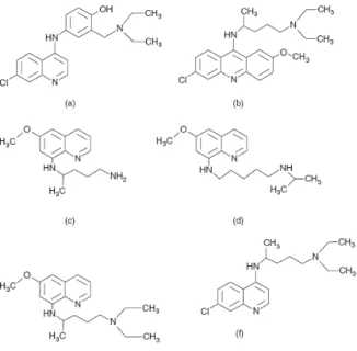 FIGURA  1.6  -  Estrutura  de  ligantes  usados  em  complexos  de  ródio  antimalária;  a)  Amodiaquina,  b)  Mepacrina,  c)  Primaquina,  d),  Pentaquina,  e)  Plasmaquina  e  f)  Cloroquina [38]