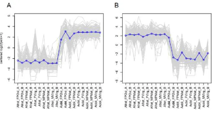 Figure 3. EdgeR plots of clusters of differentially expressed genes based in expression pattern using all profiles between A