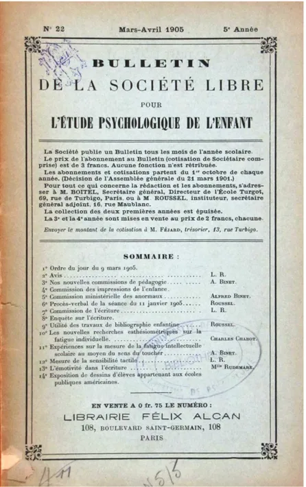 Figura 1: Capa de edição do Bulletin de la Société Libre pour l'étude psychologique de l'enfant, nº 22,  março/abril, 1905.