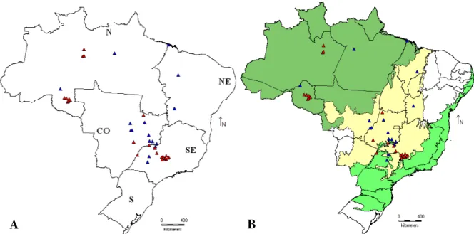 Figura  4.  Mapas  evidenciando  as  Regiões  brasileiras  (A)  e  os  Biomas  (B)  visitados  durante  as  oito  expedições  de  coleta