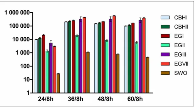 Figura 6: Valores de expressão de transcritos obtidos de cultura induzida de Trichoderma  harzianum IOC-3844 por 24, 36, 48 e 60 horas, comparados com os transcritos obtidos de  cultura do fungo induzido por 8 horas