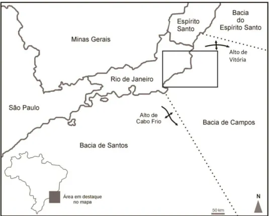 Figura 1. Mapa com a localização da Bacia de Campos. O retângulo corresponde à área estudada  mostrada em detalhe na Figura 5