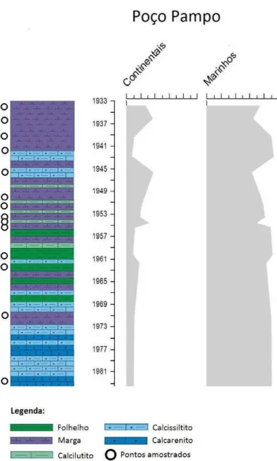 Figura 9. Perfil litológico, pontos amostrados e porcentagem de palinomorfos marinhos e continentais ao  longo do poço Pampo