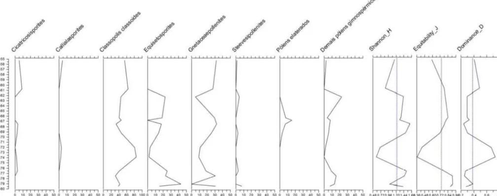 Figura 10. Distribuição em porcentagem dos palinomorfos continentais da seção superior do poço Bonito pelas profundidades.