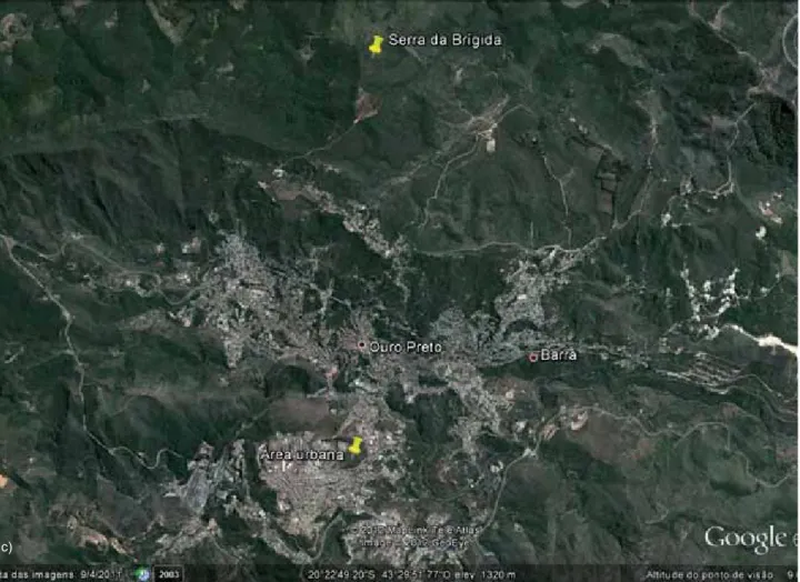 FIGURA 3 – A, B e C) Mapa de localização das três áreas de campos rupestres ferruginosos estudadas.