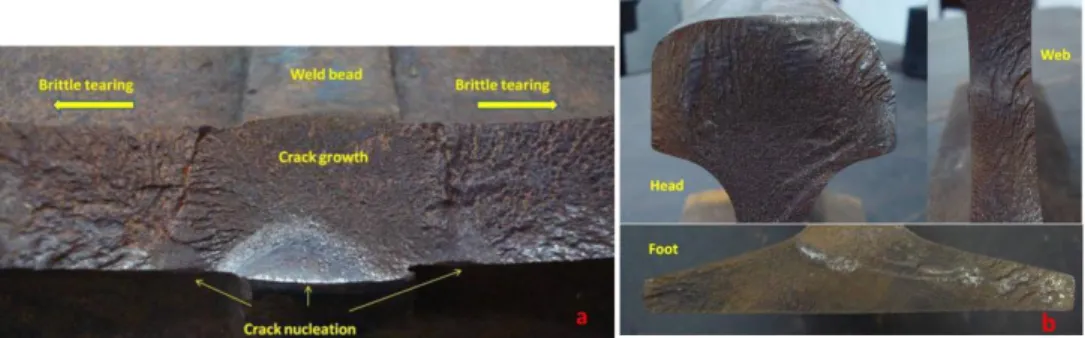 Fig. 2. (a) Detail of crack nucleation and stable growth regions (intense light reflection – flat surface)