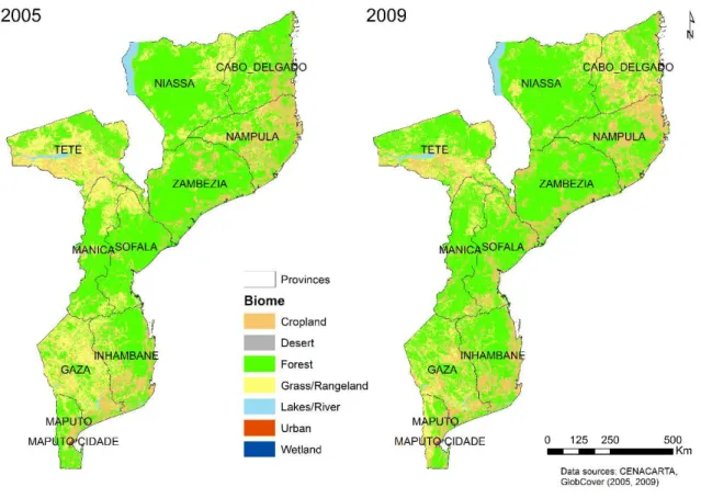 Figure 2-2: Biomes of Mozambique in 2005 and in 2009 