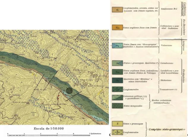 Figura 2.4 – Excerto da carta geológica de Castelo de Paiva que abrange a zona estudada, à  escala  1:  50  000  (Medeiros  et  al,  1963)  (o  círculo  representa,  aproximadamente,  os  terrenos  ocupados pela exploração de ardósias Valério e Figueiredo,