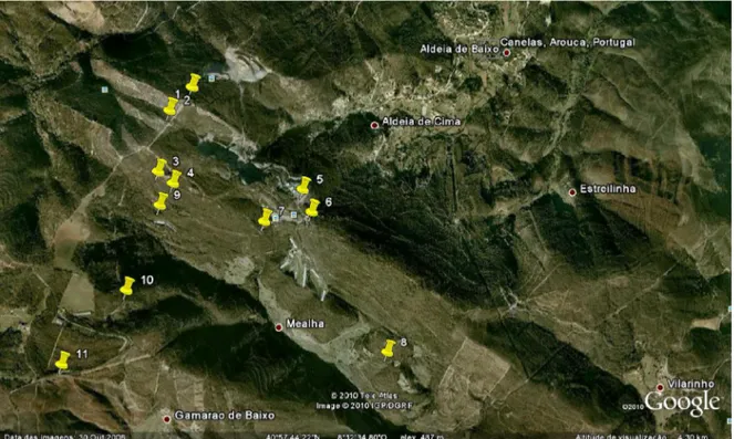 Figura  4.1  –  Mapa  da  região  em  estudo  com  as  paragens  assinaladas  (adaptado  do  Google  Earth)