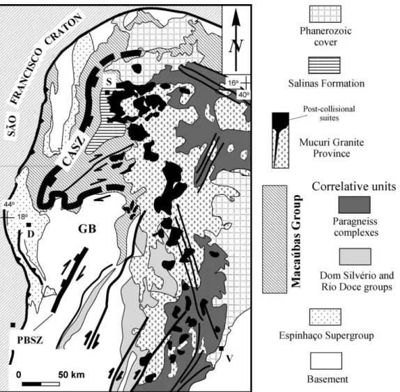 Fig. 15. Regional map illustration of the location of the Chapada Acaua˜ Shear Zone (CASZ) relative to other structural elements of the Arac¸uaı´ orogen