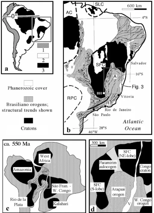 Fig. 1. (a) A location map of South America, showing the distribution of cratons and younger tectonic elements
