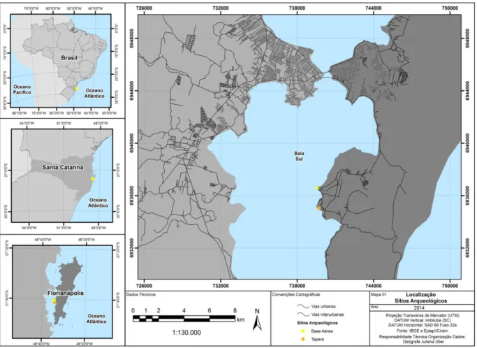 Figura 4 – Mapa de localização dos sítios, Tapera e Base Aérea, na Ilha de Santa Catarina