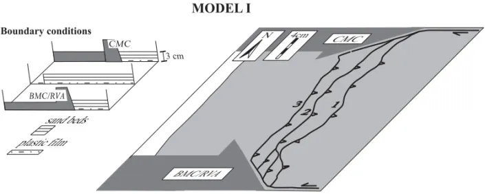 Fig. 3 – Plan-view line drawing of model I at the final stage of 22% (8 cm) shortening showing the slightly rounded, trapezoidal thrust traces