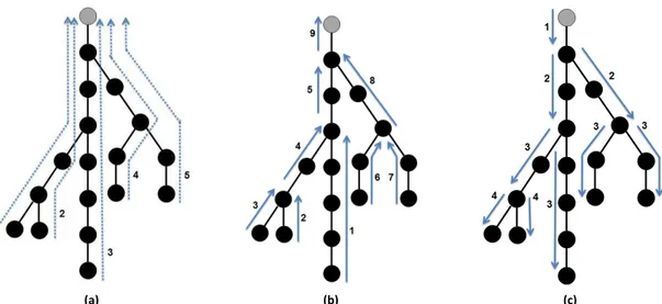 Figura 4.2 - Procedimentos para o somatório de correntes: (a) varredura reversa com superposição de correntes,  (b) varredura reversa com agregação de correntes e (c) varredura com recursividade para agregação de correntes