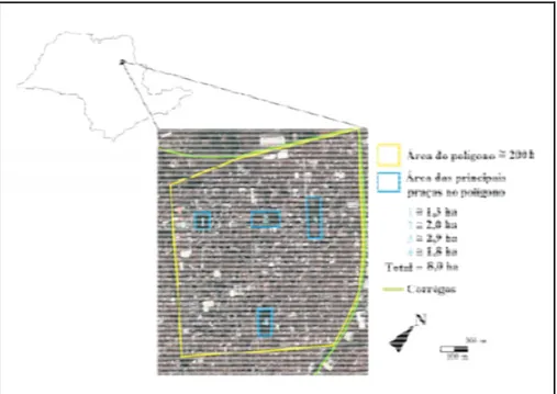 Figura 1. Localização do polígono de estudo e identificação de áreas verdes  e córregos no bairro avaliado