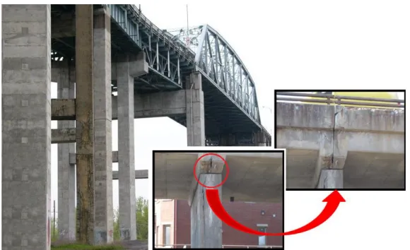 FIGURA 2.1  –  Ponte Honoré-Mercier em Montreal e detalhes das fissuras em um de  seus pilares