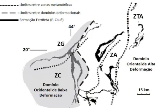 Figura 3.4: Domínios deformacionais e zonas metamórficas do Quadrilátero Ferrífero.  
